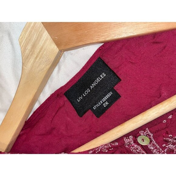 LIV Los Angeles Burgundy Elastic Sleeve Embroidered Boho Blouse Women's Size 2X - Picture 4 of 9